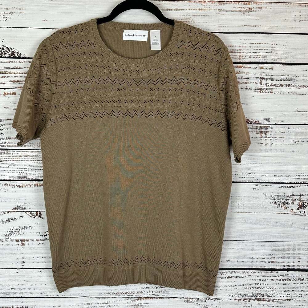 Alfred Dunner Lightweight Brown SS Sweater Dainty Pointelle Knit Womens Size M